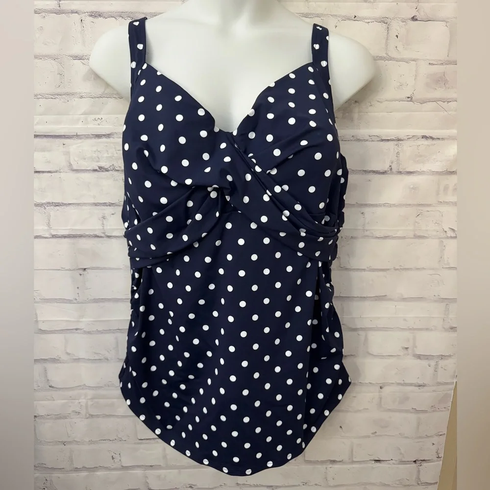Lands’ End Sz 26W‎ Tummy Control UW Wrap Tankini Swimsuit Top Blue Polka Dot